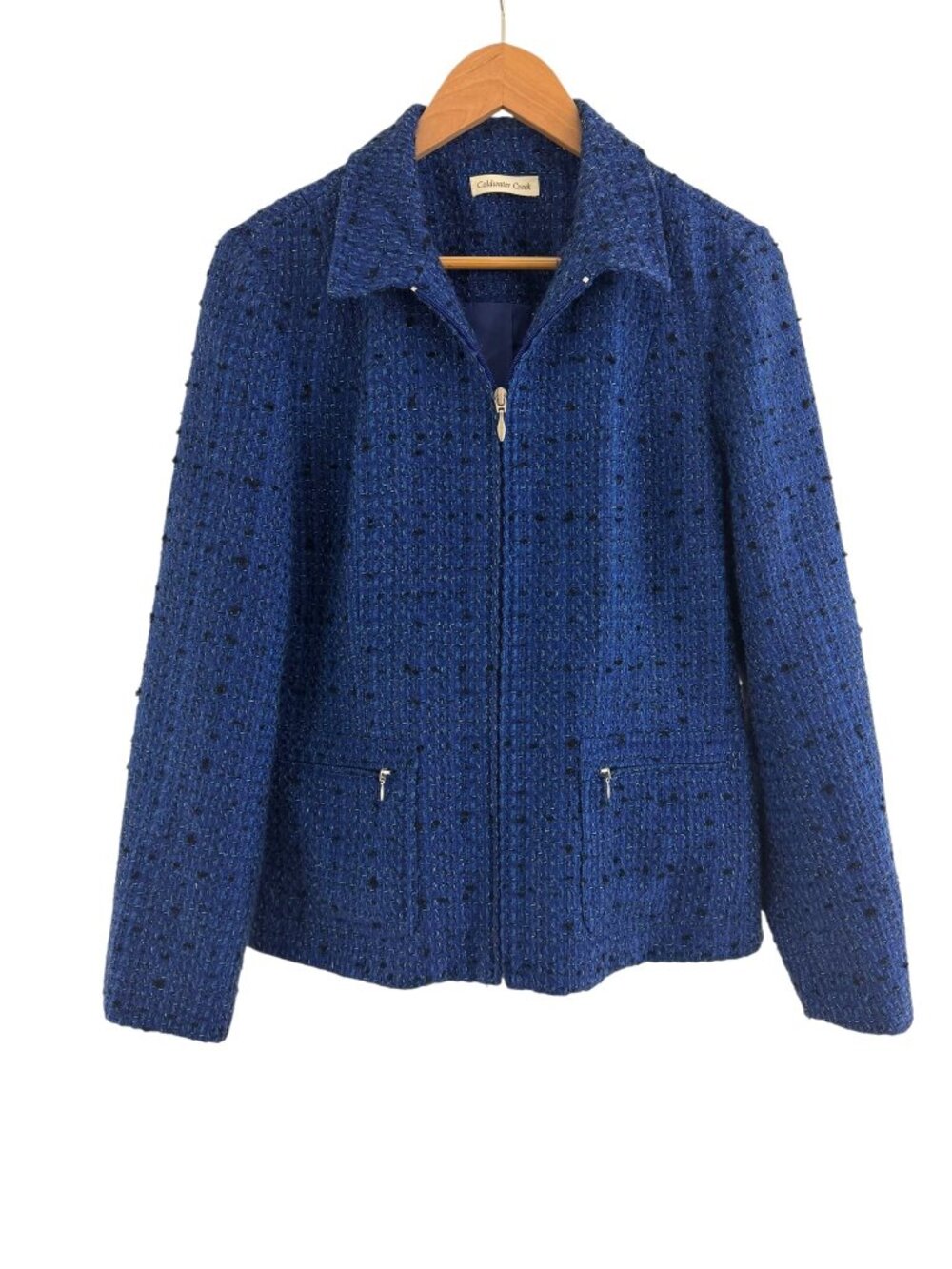 Coldwater Creek Blue Tweed Boucle Zip Front Blazer Jacket Lined Pockets Size P10